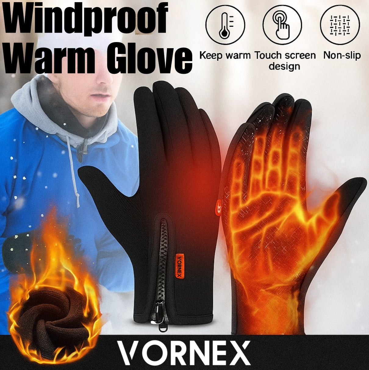 VORNEX Heated Feel Winter Gloves, Windproof, Touchscreen, Nonslip for Running, Hiking & Cycling
